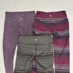 3 Athleta Leggings - Purple, Burgundy Stripe & Black Stripe